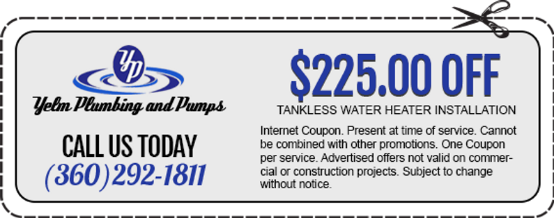 $225 Off Coupon for tankless water heater installation. Must present at service.